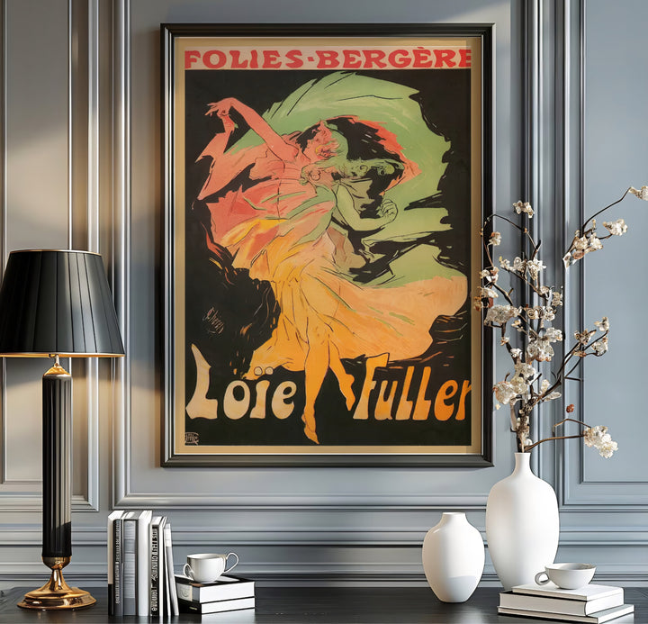 Vintage European graphic print Loïe Fuller Folies Bergère with dark background tones by artist Jules Chéret set in Paris France. MapYourDreams offers versatile framed, unframed, and canvas print wall decor formats.