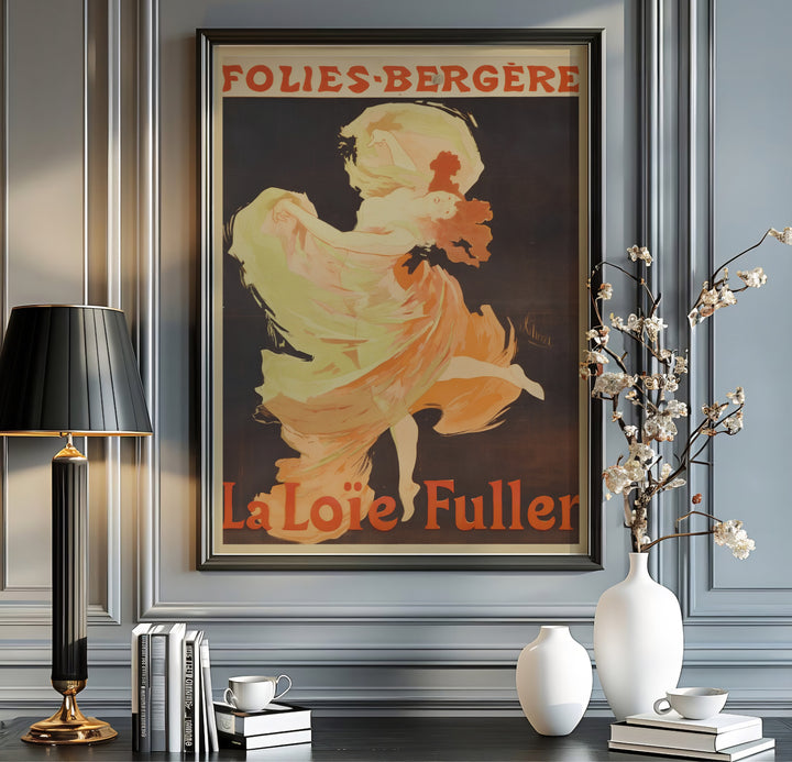 Vintage European graphic print La Loïe Fuller Folies Bergère with dark background tones by artist Jules Chéret set in Paris France. MapYourDreams offers versatile framed, unframed, and canvas print wall decor formats.