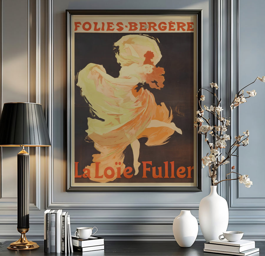 Vintage European graphic print La Loïe Fuller Folies Bergère with dark background tones by artist Jules Chéret set in Paris France. MapYourDreams offers versatile framed, unframed, and canvas print wall decor formats.