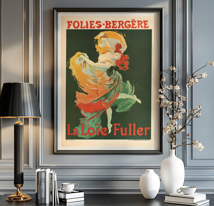 Historic French dance canvas print Folies Bergère La Loïe Fuller by artist Jules Chéret illustrating a red-haired dancer in Paris France. Order custom framed, unframed paper, or textured canvas print options from MapYourDreams.