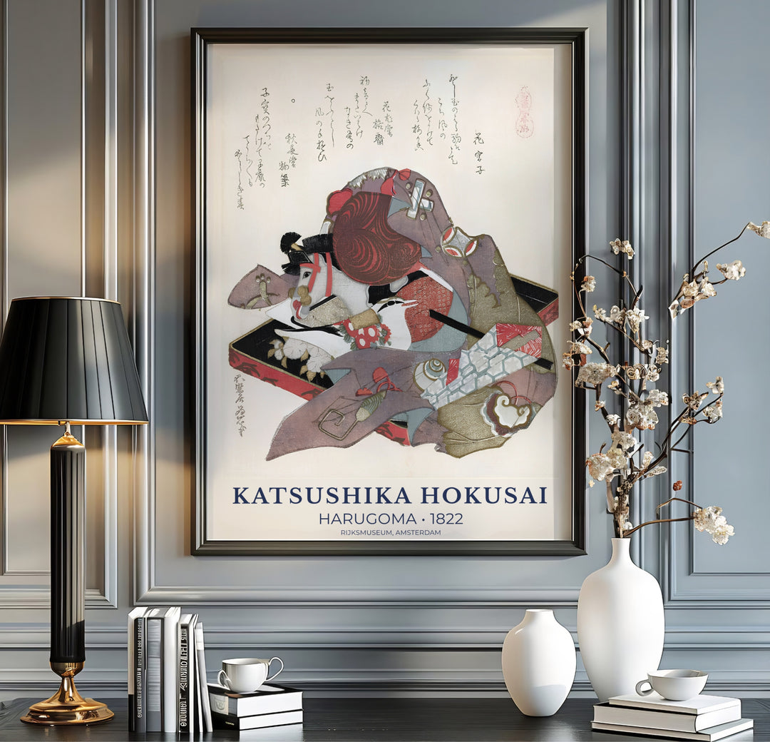 Authentic Japanese Surimono poster of Harugoma artwork by artist Katsushika Hokusai referencing historic Dutch collections in Amsterdam. Order custom framed, unframed paper, or textured canvas print options from MapYourDreams.