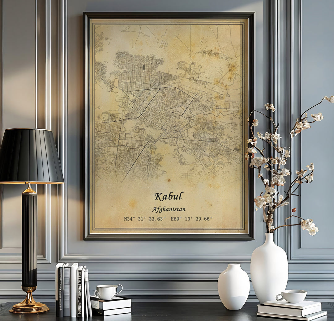 Fine cartography print of Kabul Afghanistan showing street layouts and major boulevards in an antique parchment format, available from MapYourDreams as an unframed paper print, gallery wrapped canvas wall art, or custom framed print in retro white frames for rustic home interiors.