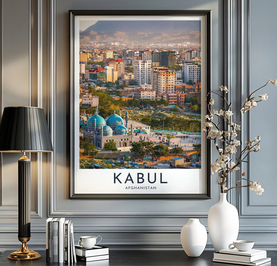 Sunny urban cityscape poster of Kabul Afghanistan showcasing turquoise architectural domes and mountain vistas, presented by MapYourDreams as an unframed paper print, gallery canvas wall decor, or custom framed wall art in grey and black frames for dining room wall arrangement.