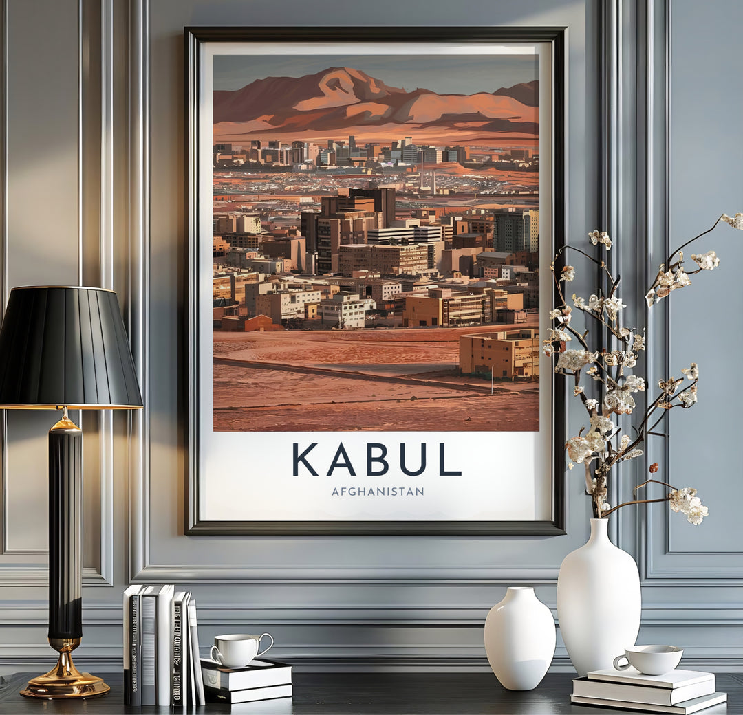 Minimalist travel art print of Kabul Afghanistan featuring terracotta urban layouts and dramatic mountain lines, available at MapYourDreams as an unframed art print, stretched canvas wall art, or custom framed poster in natural wood moulding for rustic living spaces.