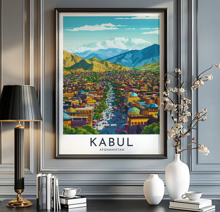 Retro colorful cityscape poster of Kabul Afghanistan showcasing detailed urban art and alpine Hindu Kush backdrops, presented by MapYourDreams as an unframed paper print, gallery canvas wall decor, or custom framed wall art in grey and black frames for dining room wall arrangement.