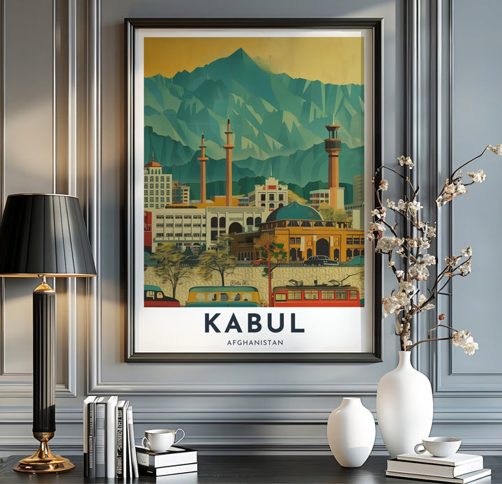 Illustrated travel art print of retro Kabul Afghanistan cityscape poster featuring retro city buses, warm ochre skies, and emerald mountain slopes, available at MapYourDreams as an unframed art print, stretched canvas wall art, or custom framed poster in natural wood moulding for rustic lounge spaces.