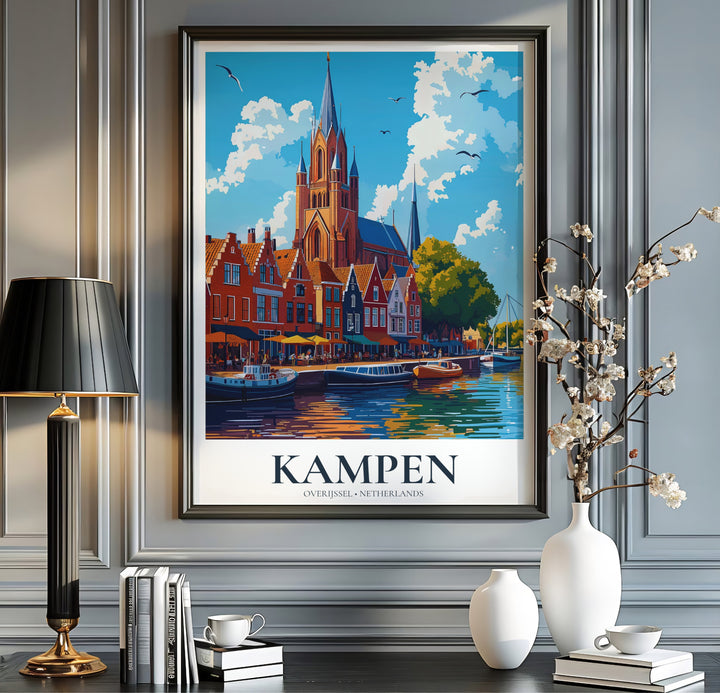 Graphic travel art poster capturing the iconic Hanseatic architecture of Kampen Overijssel Netherlands along the waterfront, offered by MapYourDreams where you can select an unframed poster, a gallery wrapped canvas, or a custom frame option to build an authentic European gallery wall.