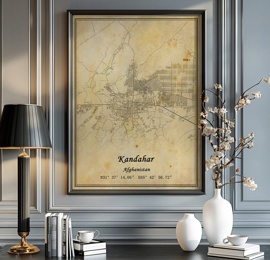 Retro urban cartography print of Kandahar, Afghanistan, showcasing traditional street layouts, historical pathways, and distressed parchment background paper. Presented by MapYourDreams as an unframed paper print, a gallery canvas wall decor piece, or a custom framed wall art item in grey and black frame options.