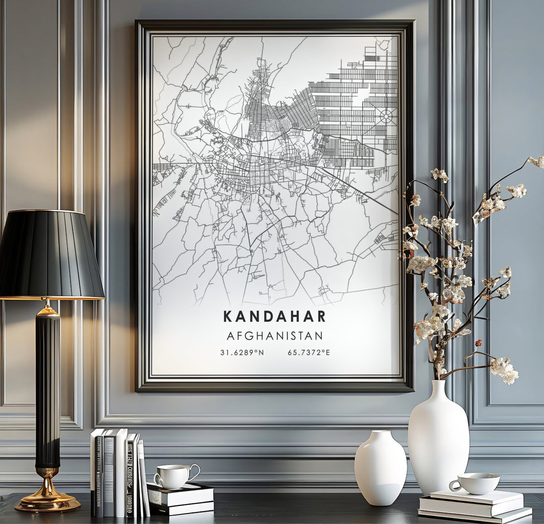 Fine art modern street map poster displaying primary avenues and outer routes of Kandahar, Afghanistan, with precise coordinate lettering. Provided by MapYourDreams as an unframed print, a stretched canvas wall art piece, or a custom framed print in a pure gold frame for study decor.
