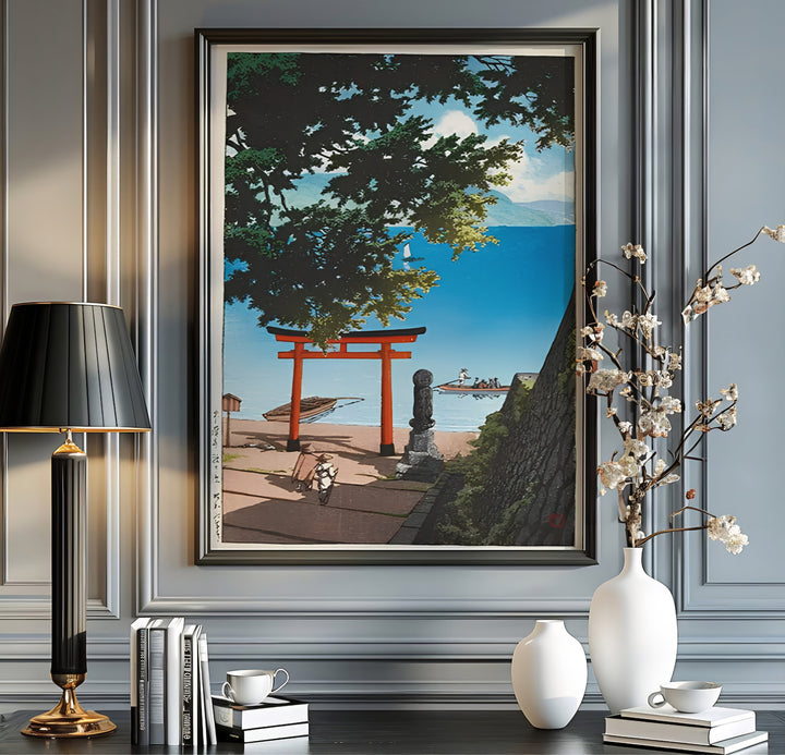 Japanese sacred landmark print Lake Biwa with red torii gate by artist Kawase Hasui inspired by lake travel art at Lake Biwa. MapYourDreams offers versatile framed, unframed, and canvas print wall decor formats.