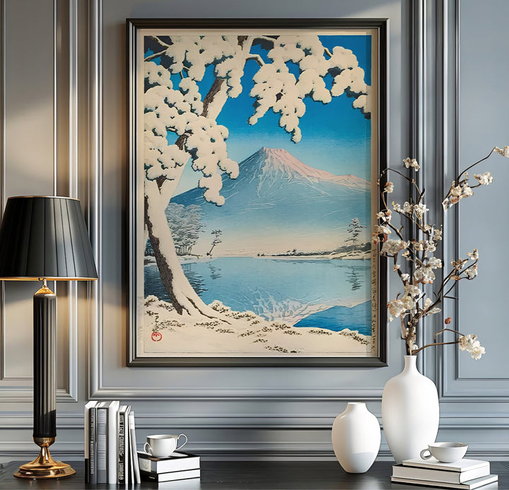 Japanese winter landmark print Lake Kawaguchi with snow-covered trees by artist Kawase Hasui inspired by alpine travel art at Lake Kawaguchi. MapYourDreams offers versatile framed, unframed, and canvas print wall decor formats.