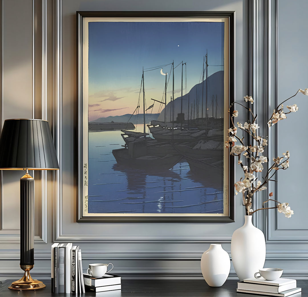 Japanese coastal dawn print Morning in Beppu with crescent moon by artist Kawase Hasui inspired by harbor travel art at Morning in Beppu. MapYourDreams offers versatile framed, unframed, and canvas print wall decor formats.
