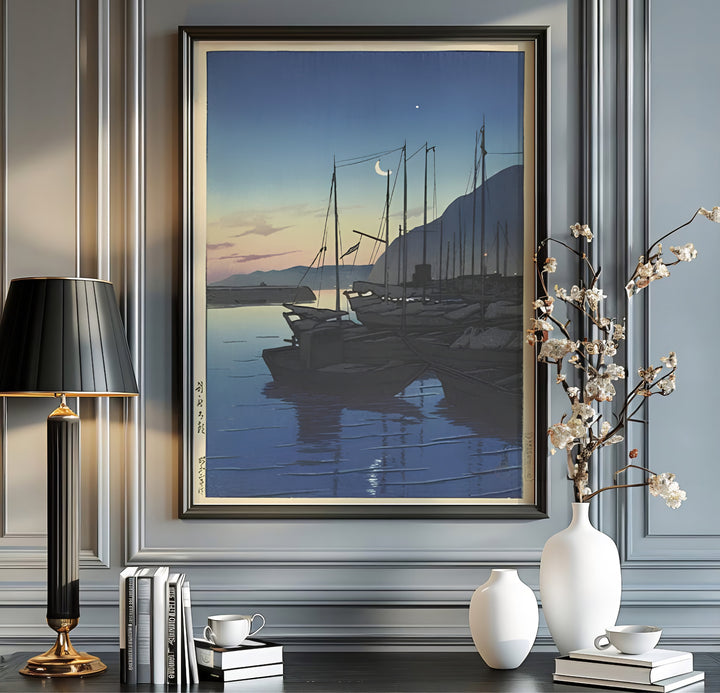 Japanese coastal dawn print Morning in Beppu with crescent moon by artist Kawase Hasui inspired by harbor travel art at Morning in Beppu. MapYourDreams offers versatile framed, unframed, and canvas print wall decor formats.