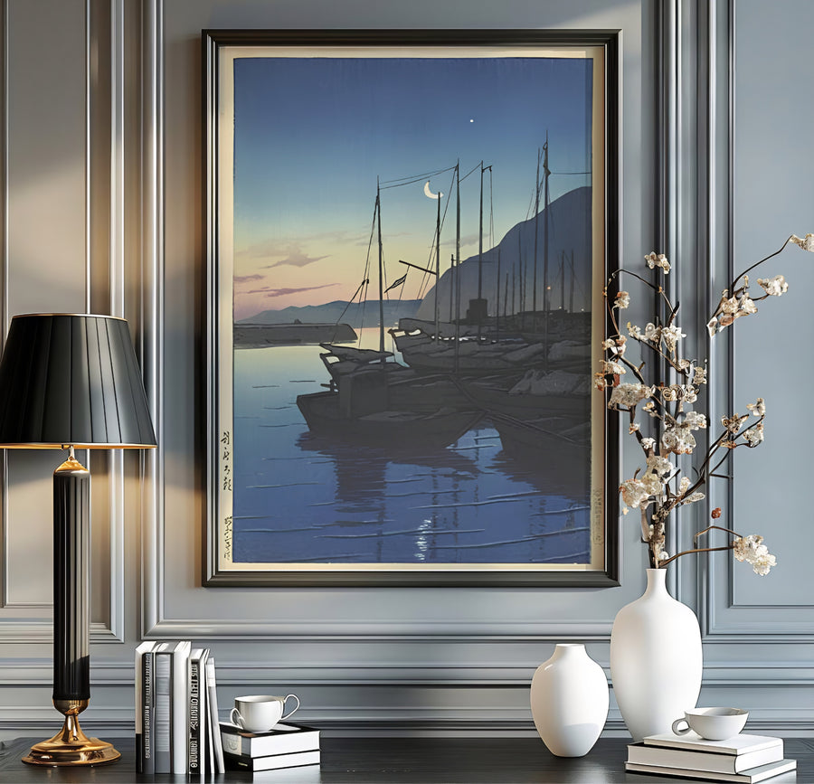 Japanese coastal dawn print Morning in Beppu with crescent moon by artist Kawase Hasui inspired by harbor travel art at Morning in Beppu. MapYourDreams offers versatile framed, unframed, and canvas print wall decor formats.