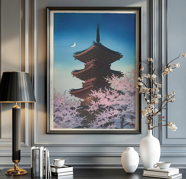 Authentic Japanese Shin-hanga print Spring Evening Ueno artwork by artist Kawase Hasui referencing historic Tokyo temples at Spring Evening Ueno. Order custom framed, unframed paper, or textured canvas print options from MapYourDreams.