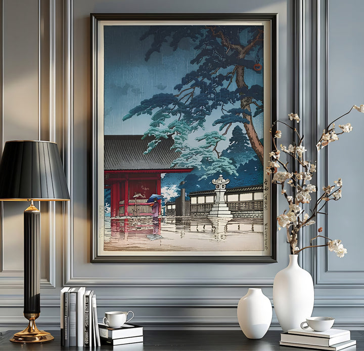 Authentic Japanese Shin-hanga print Spring Rain Gokokuji Temple artwork by artist Kawase Hasui referencing historic Tokyo shrines at Spring Rain Gokokuji Temple. Order custom framed, unframed paper, or textured canvas print options from MapYourDreams.