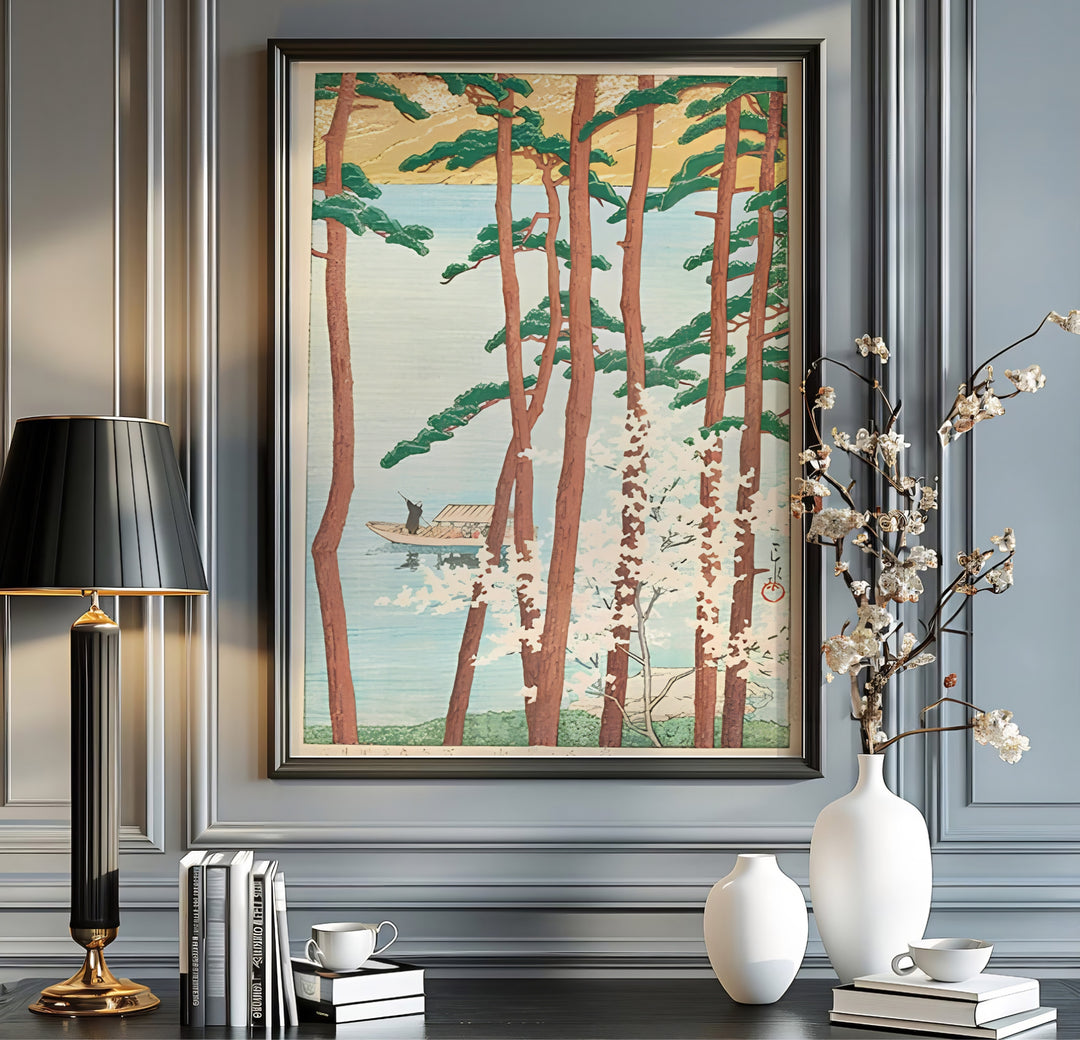 Authentic Japanese Shin-hanga print Spring at Arashiyama Kyoto artwork by artist Kawase Hasui referencing historic Kyoto views at Spring at Arashiyama Kyoto. Order custom framed, unframed paper, or textured canvas print options from MapYourDreams.