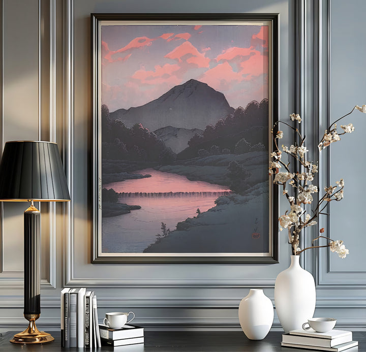 Authentic Japanese Shin-hanga print Sunset at Oirase artwork by artist Kawase Hasui referencing historic Oirase views at Sunset at Oirase. Order custom framed, unframed paper, or textured canvas print options from MapYourDreams.