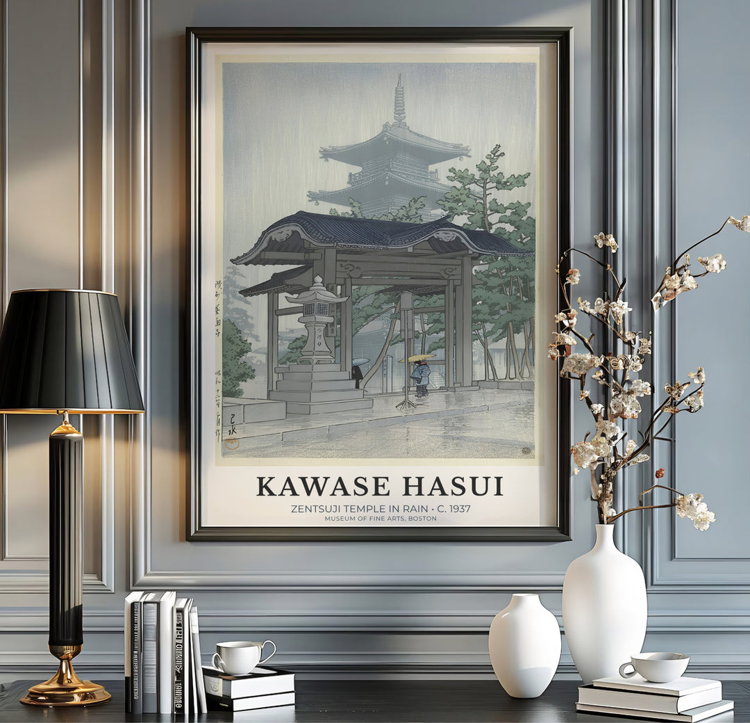 Authentic Japanese Shin-hanga print Zentsuji Temple artwork by artist Kawase Hasui referencing historic Kagawa shrines at Zentsuji Temple. Order custom framed, unframed paper, or textured canvas print options from MapYourDreams.