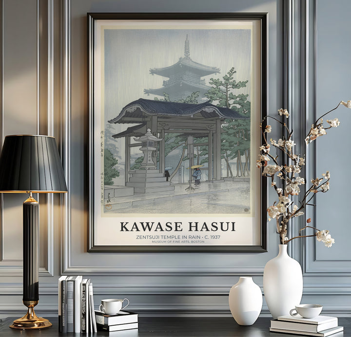 Authentic Japanese Shin-hanga print Zentsuji Temple artwork by artist Kawase Hasui referencing historic Kagawa shrines at Zentsuji Temple. Order custom framed, unframed paper, or textured canvas print options from MapYourDreams.