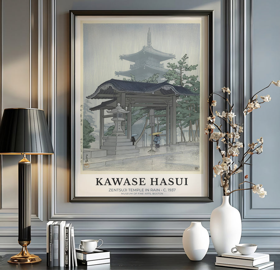 Authentic Japanese Shin-hanga print Zentsuji Temple artwork by artist Kawase Hasui referencing historic Kagawa shrines at Zentsuji Temple. Order custom framed, unframed paper, or textured canvas print options from MapYourDreams.