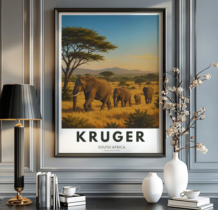 Scenic Kruger South Africa wildlife wall decor displaying detailed elephant family herd artwork in a vintage travel style. Offered by MapYourDreams, this artwork is available in flexible options including unframed paper, custom wooden frames, and gallery canvas wraps for office or home walls.
