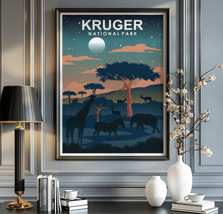 Atmospheric Kruger National Park night travel poster with dark foreground animal silhouettes and a sparkling starry sky atmosphere. Offered by MapYourDreams, this artwork is available in flexible options including unframed paper, custom wooden frames, and gallery canvas wraps for tailored home wall decor setups.