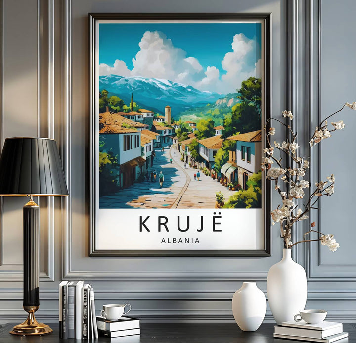 Historic mountain town streetscapes and lush green hills blend seamlessly in this beautiful Balkan travel illustration poster. MapYourDreams provides custom choices including unframed paper, wooden frames, and stretched canvas wraps for a polished look.