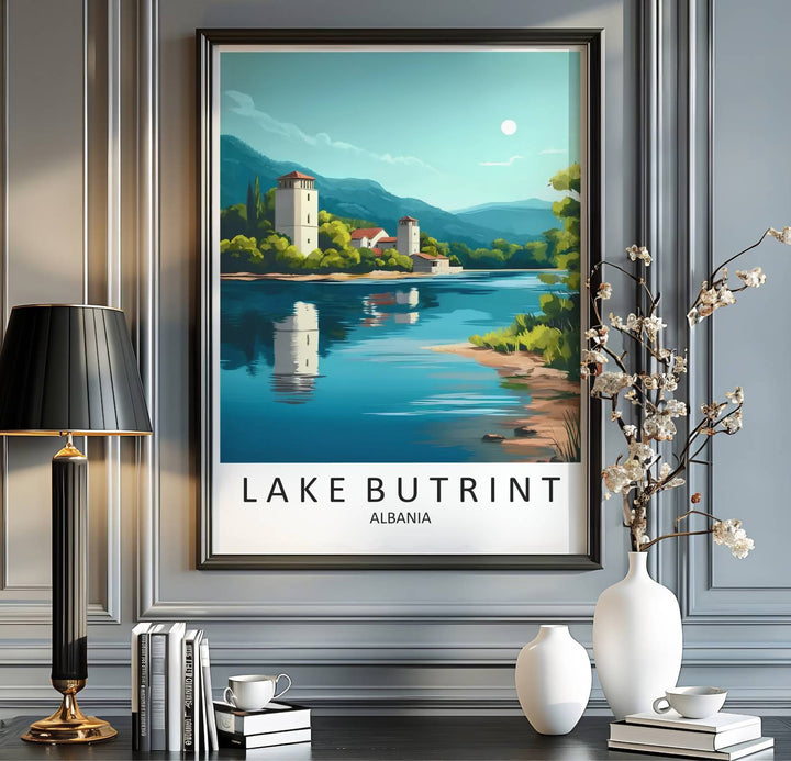 Scenic lakeside landscapes and calm turquoise waters blend seamlessly in this beautiful Balkan travel illustration poster. MapYourDreams provides custom choices like unframed paper, wooden frames, and stretched canvas wraps for a polished look.