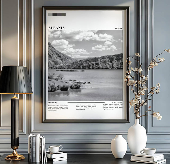 Scenic alpine lake landscapes and dramatic cloud skies blend seamlessly in this beautiful black and white travel photography poster. MapYourDreams provides custom choices like unframed paper, wooden frames, and stretched canvas wraps for a polished look.