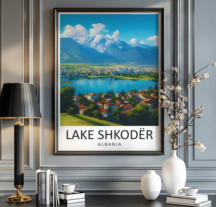 Scenic lakeside landscapes and towering snow-capped mountains blend seamlessly in this beautiful Balkan travel illustration poster. MapYourDreams provides custom choices like unframed paper, wooden frames, and stretched canvas wraps for a polished look.