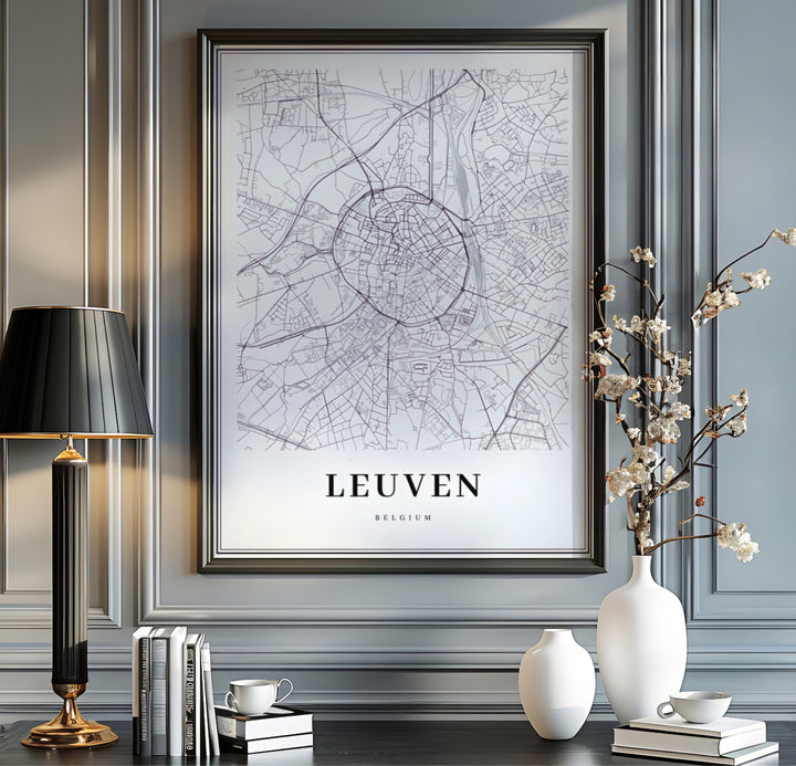 Minimalist urban map poster displaying precise geographic street paths for Leuven, Belgium. Available from MapYourDreams in multiple presentation formats including unframed archival paper, handcrafted frames, and gallery wrapped canvas styles.
