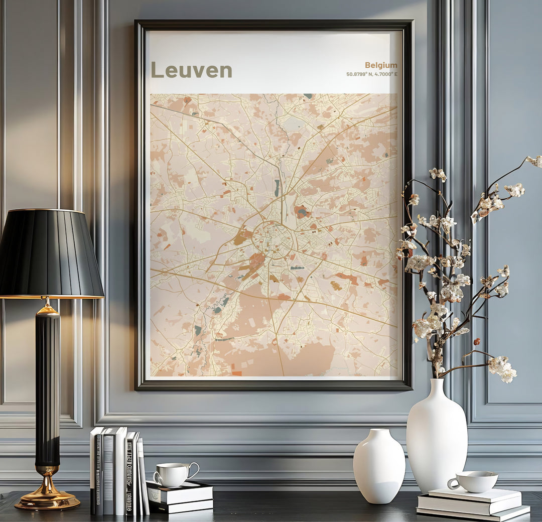 Warm aesthetic urban map poster displaying precise geographic coordinates for Leuven, Belgium. Available from MapYourDreams in multiple presentation formats including unframed archival paper, handcrafted frames, and gallery wrapped canvas styles.