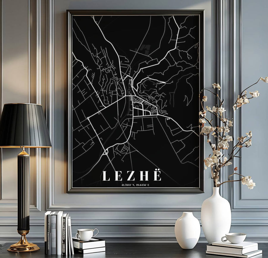 Minimalist street lines form a beautiful abstract geometric pattern in this road map poster of Lezhë, Albania. MapYourDreams provides flexible choices like unframed archival paper, custom frames in various finishes, and stretched canvas.