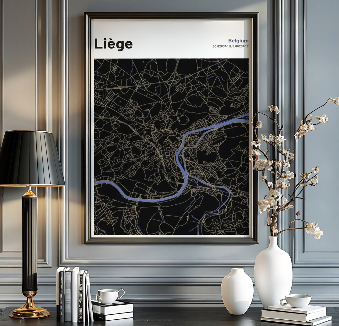 Dark mode urban map poster displaying precise geographic coordinates for Liège, Belgium. Available from MapYourDreams in multiple presentation formats including unframed archival paper, handcrafted frames, and gallery wrapped canvas styles.