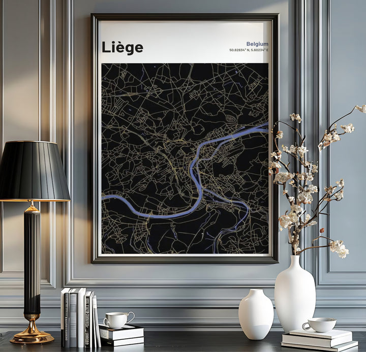 Dark mode urban map poster displaying precise geographic coordinates for Liège, Belgium. Available from MapYourDreams in multiple presentation formats including unframed archival paper, handcrafted frames, and gallery wrapped canvas styles.