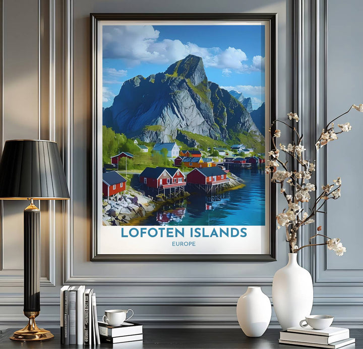 Norway travel print showing Hamnoy village in Lofoten in a crisp fine art photography travel poster style. Handcrafted by MapYourDreams, this artwork is available in flexible options including unframed paper, custom wooden frames, and gallery canvas wraps for gallery wall displays.