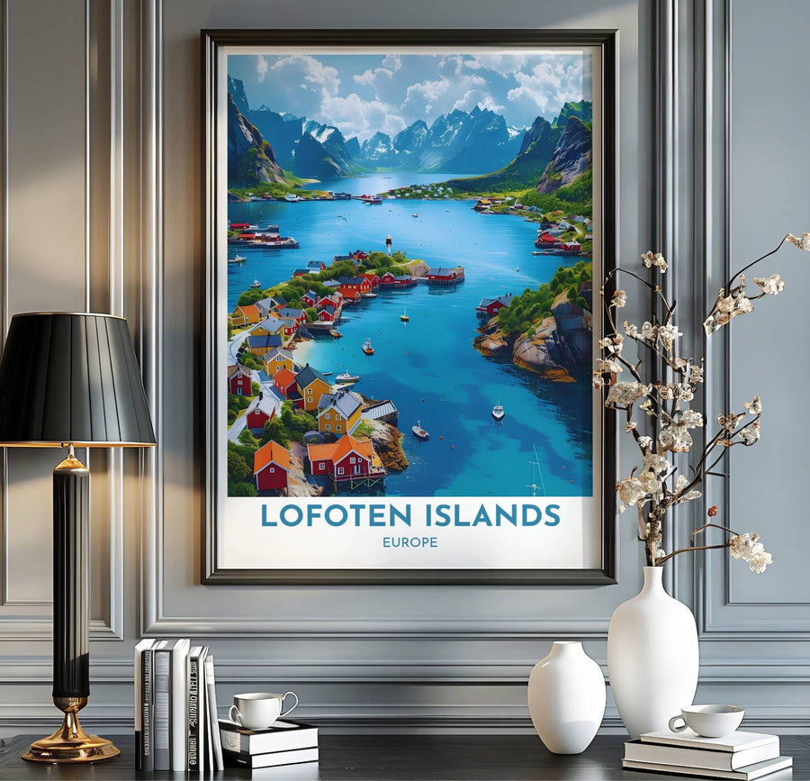 Norway travel print showing Henningsvaer village in Lofoten in a crisp fine art photography travel poster style. Handcrafted by MapYourDreams, this artwork is available in flexible options including unframed paper, custom wooden frames, and gallery canvas wraps for gallery wall displays.