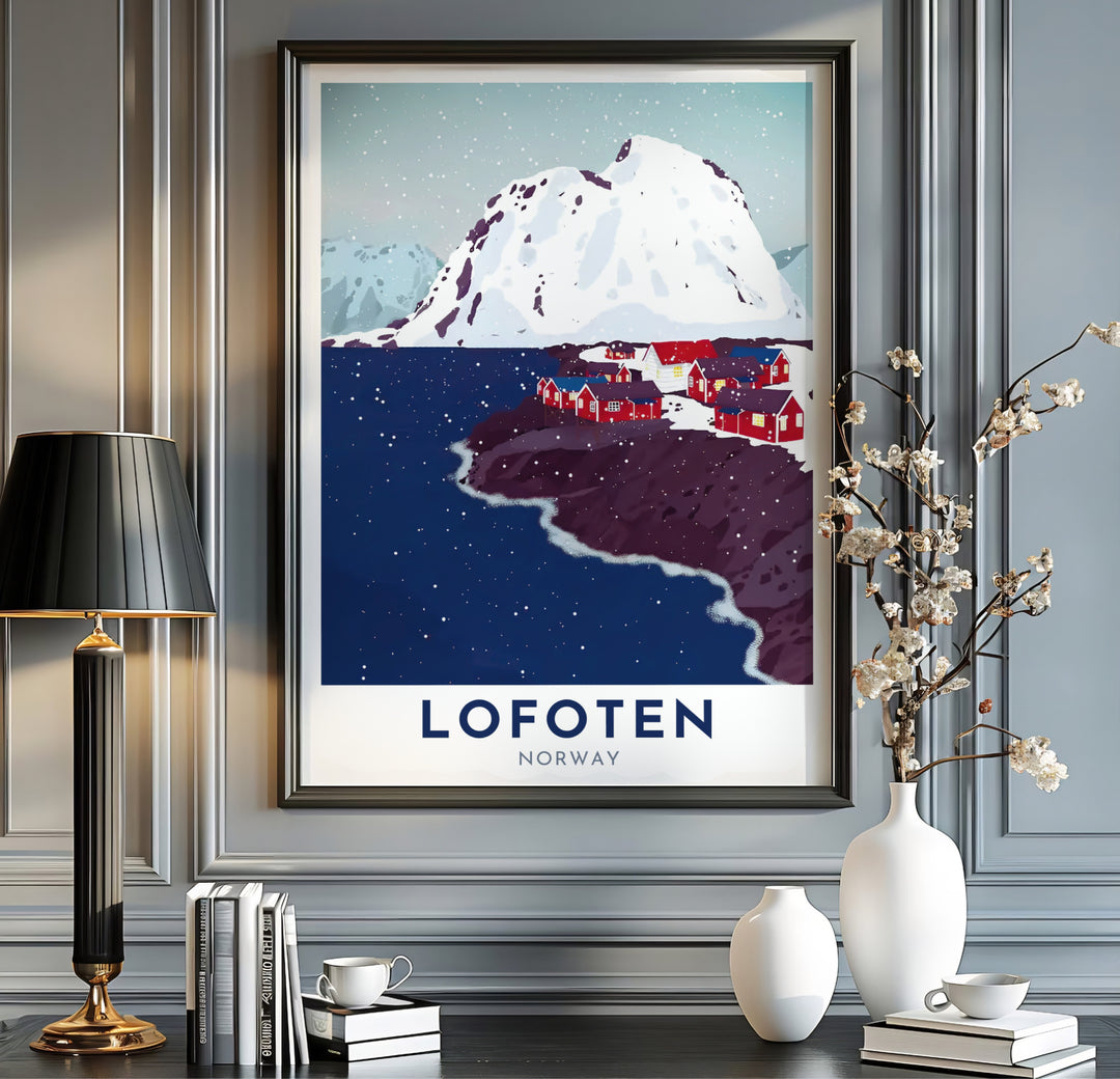 Breathtaking graphic view of a towering snow-covered mountain peak and red fishing cabins in Lofoten Norway during a winter snowstorm. This travel landscape piece is offered across multiple formats including custom framed prints, premium canvas stretched artwork, and classic unframed poster options.