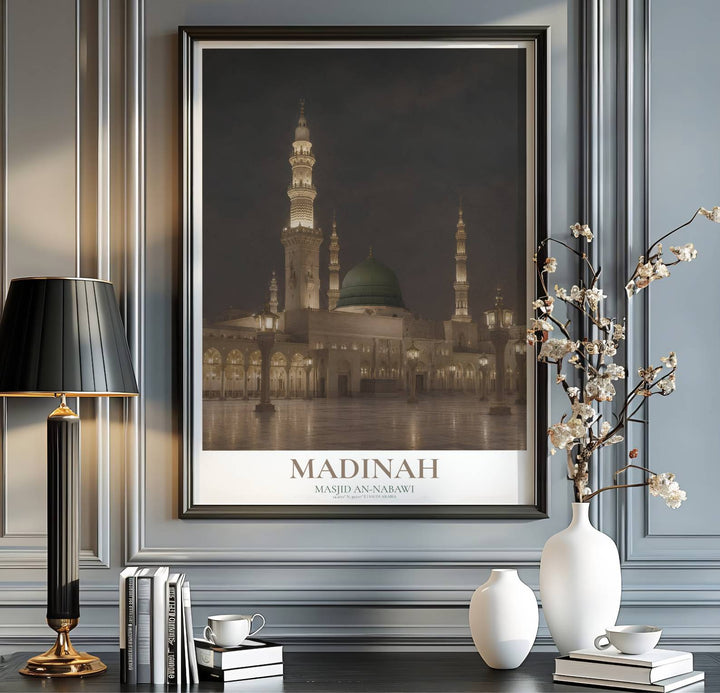 Madinah travel print showing the Prophet Mosque night view in a crisp fine art architectural photography art poster style. Handcrafted by MapYourDreams, this artwork is available in flexible options including unframed paper, custom wooden frames, and gallery canvas wraps for gallery wall displays.