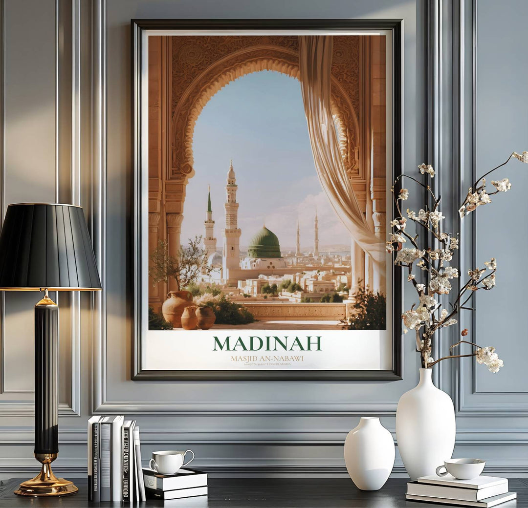 Madinah travel print showing the Prophet Mosque balcony view in a crisp digital oil painting fine art photography poster style. Handcrafted by MapYourDreams, this artwork is available in flexible options including unframed paper, custom wooden frames, and gallery canvas wraps for gallery wall displays.