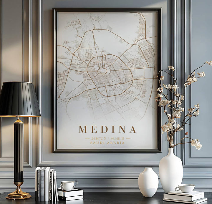 Saudi Arabia travel print showing Medina city layout in a crisp gold and bronze modern minimalist cartography poster style. Handcrafted by MapYourDreams, this artwork is available in flexible options including unframed paper, custom wooden frames, and gallery canvas wraps for gallery wall displays.