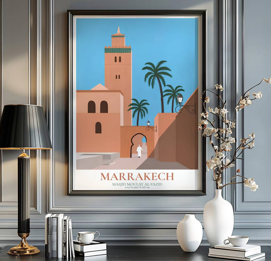 Morocco travel print showing Kasbah Mosque in Marrakech in a crisp minimalist vector graphic fine art photography poster style. Handcrafted by MapYourDreams, this artwork is available in flexible options including unframed paper, custom wooden frames, and gallery canvas wraps for gallery wall displays.