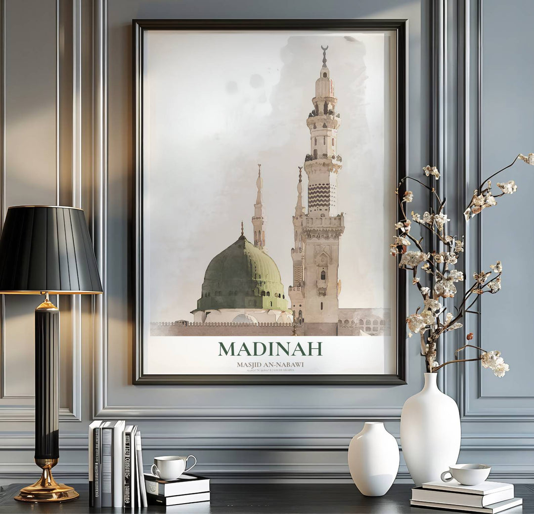 Medina travel print showing the Prophet Mosque in a crisp watercolor fine art architectural poster style. Handcrafted by MapYourDreams, this artwork is available in flexible options including unframed paper, custom wooden frames, and gallery canvas wraps for gallery wall displays.