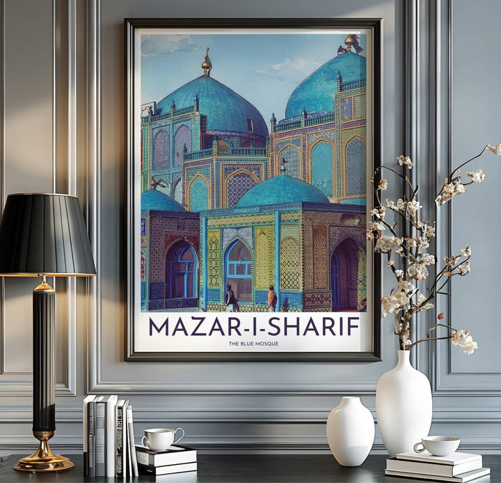 Afghanistan travel print showing the Blue Mosque in Mazar-i-Sharif in a crisp architectural fine art watercolor poster style. Handcrafted by MapYourDreams, this artwork is available in flexible options including unframed paper, custom wooden frames, and gallery canvas wraps for gallery wall displays.