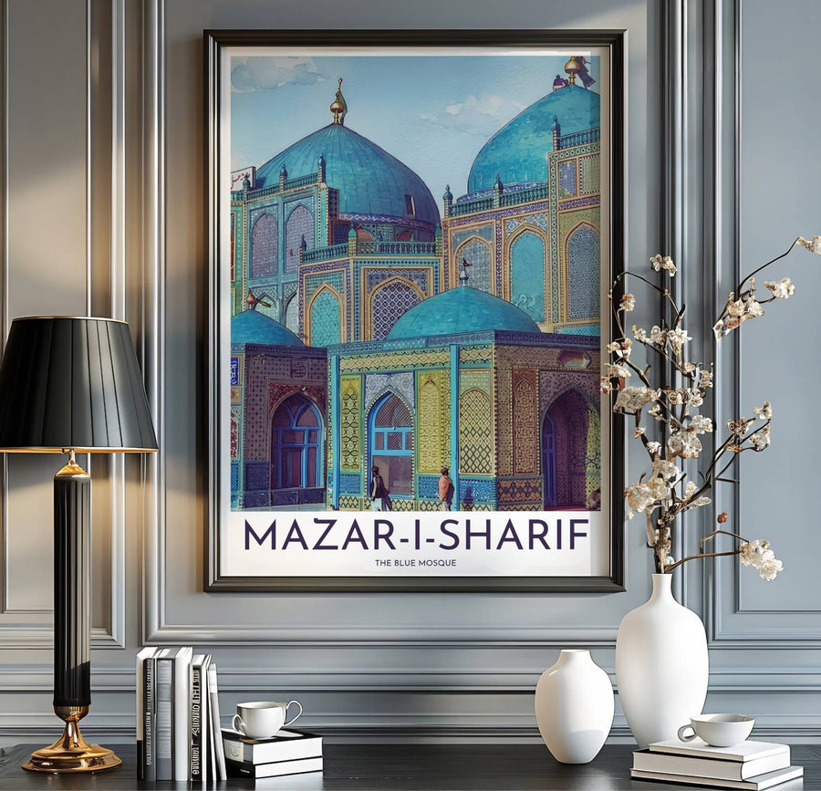Afghanistan travel print showing the Blue Mosque in Mazar-i-Sharif in a crisp architectural fine art watercolor poster style. Handcrafted by MapYourDreams, this artwork is available in flexible options including unframed paper, custom wooden frames, and gallery canvas wraps for gallery wall displays.