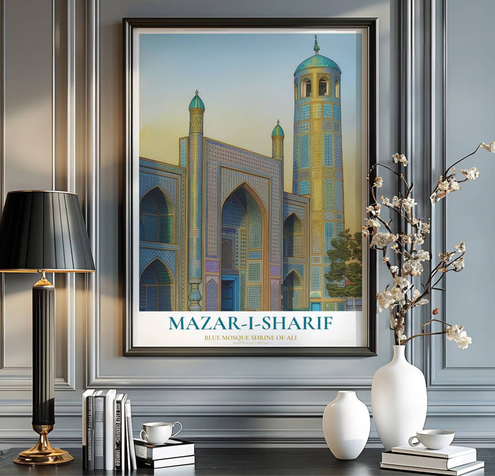 Afghanistan travel print showing the Blue Mosque in Mazar-i-Sharif in a crisp architectural illustration fine art poster style. Handcrafted by MapYourDreams, this artwork is available in flexible options including unframed paper, custom wooden frames, and gallery canvas wraps for gallery wall displays.