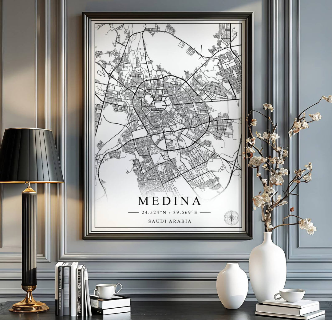 Saudi Arabia travel print showing Medina city layout in a crisp black and white modern minimalist cartography poster style. Handcrafted by MapYourDreams, this artwork is available in flexible options including unframed paper, custom wooden frames, and gallery canvas wraps for gallery wall displays.