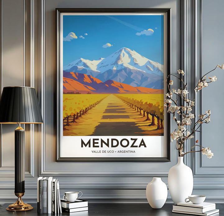 Warm golden vineyard art print produced on 220gsm acid-free Epson professional matte paper with archival ultra-chrome inks. Offered in the MapYourDreams store, this artwork suits any room setup in unframed paper, real wood frames, or canvas wrap styles.