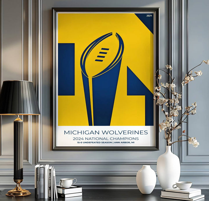 Symmetrical vector print of historic Michigan Wolverines 2024 national championship victory showing bold geometric shapes. Curated by MapYourDreams, this artwork is available in flexible options including unframed paper, custom wooden frames, and gallery canvas wraps tailored for interior design.